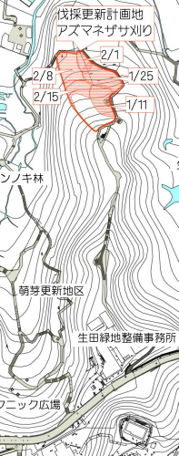 生田緑地芝生広場上雑木林のアズマネザサ刈り区域図